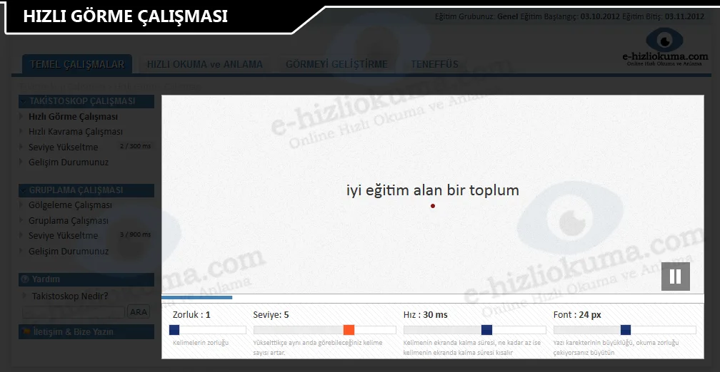 HızlıOku hızlı görme (takistoskop) çalışması