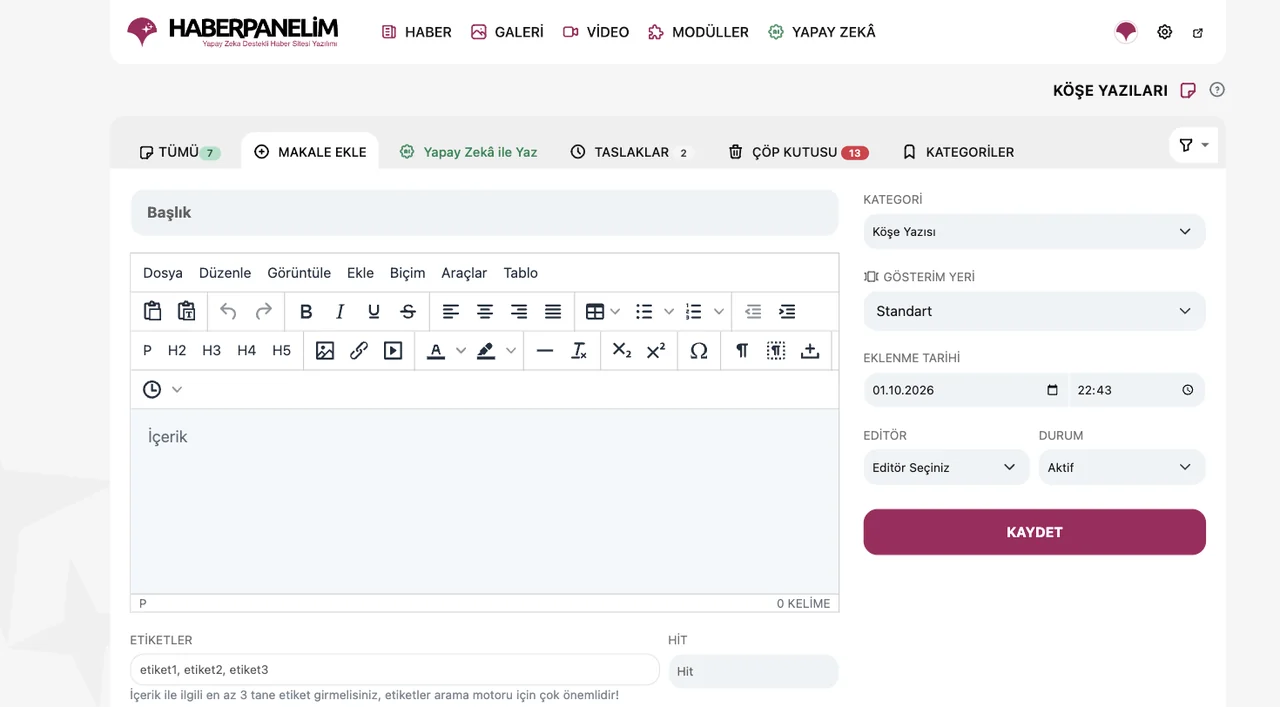 HaberPanelim köşe yazıları: makale ekleme formu ve Yapay Zekâ ile Yaz sekmesi (adlar gizlenmiştir)