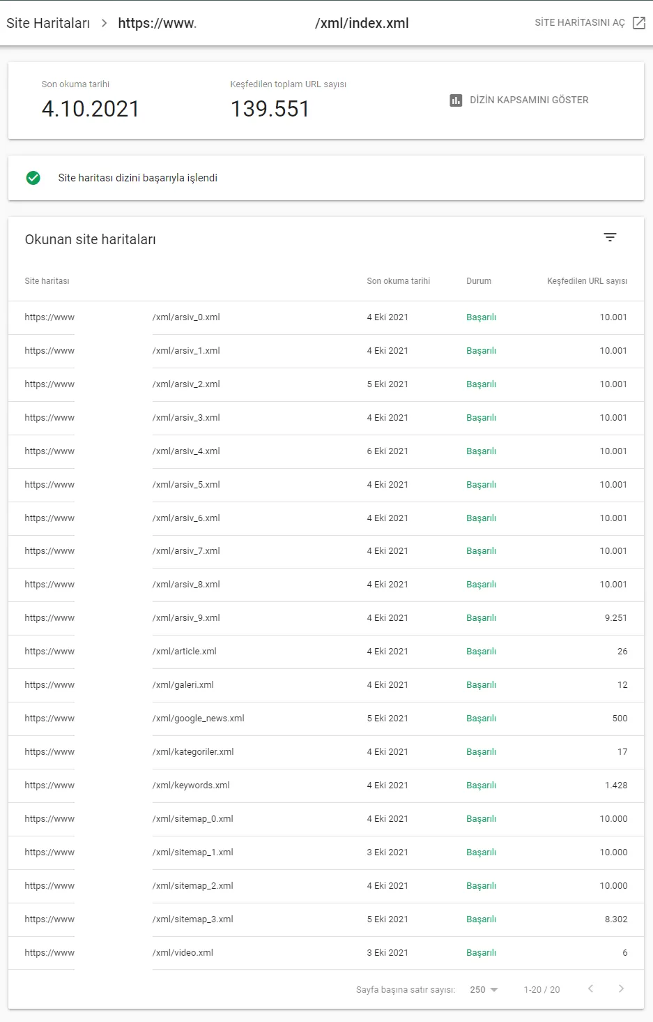 Google Search Console: sitemap durumu