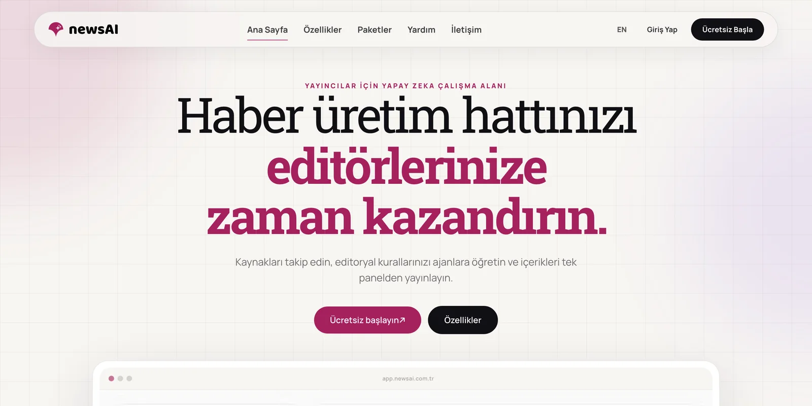 newsAI ürün sitesi ana sayfası